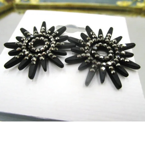 Black Starburst Rhinestones, Crystals Boho Vintage Inspired Sparkle Earrings - Picture 4 of 5